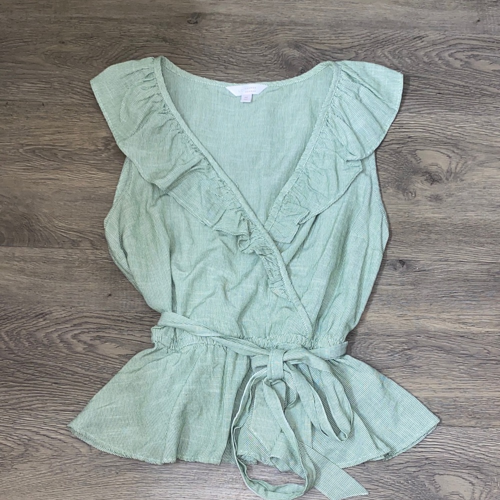 LAUREN CONRAD Light Green Ruffle Wrap Top with Tie Waist